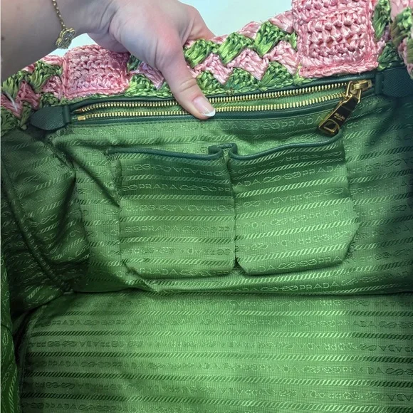 PRADA Pink & Green Woven Beach Bag - Picture 10 of 11